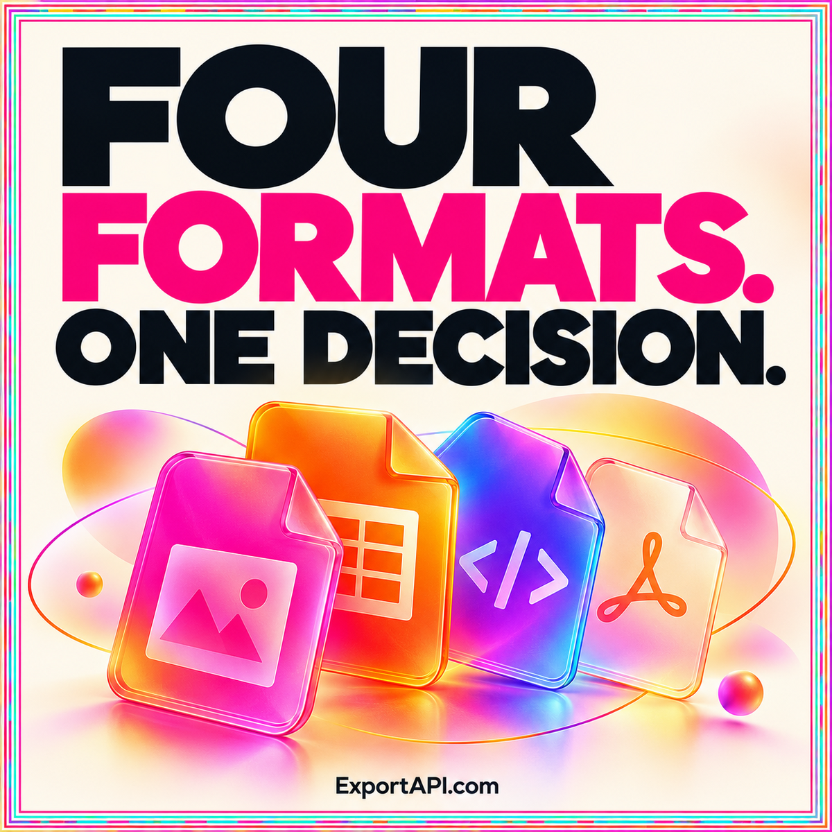 FOUR FORMATS. ONE DECISION. — CSV vs JSON vs XLSX vs PDF: choose the right export